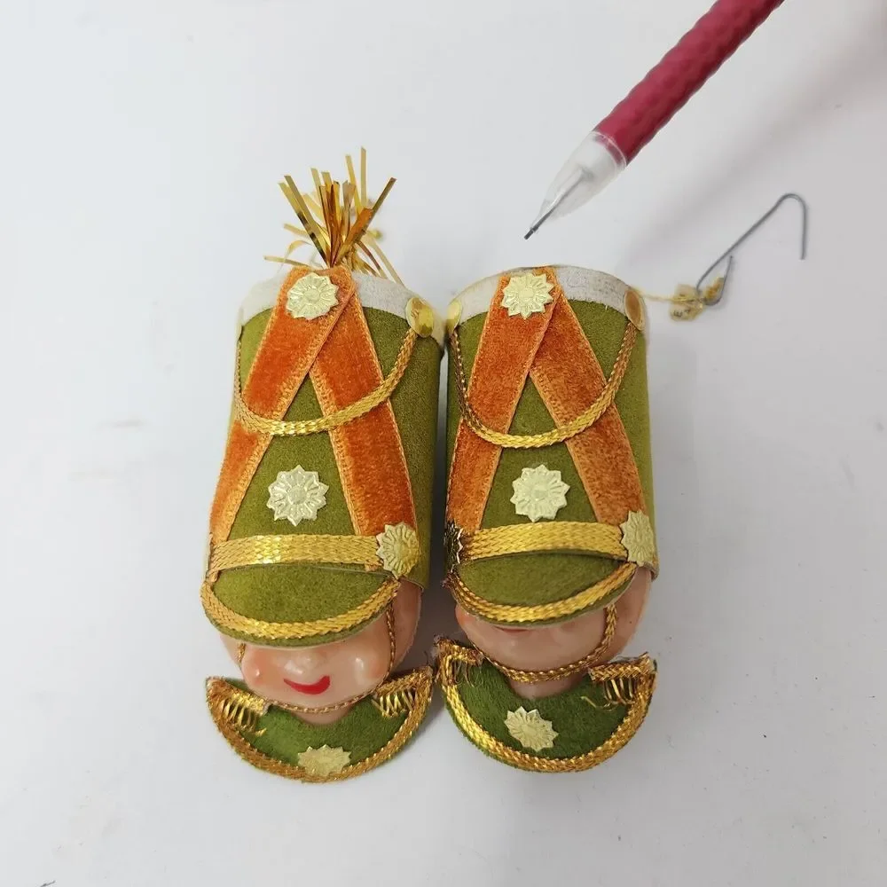Vintage 60s‎ Pair Soldier Head Christmas Ornaments 3.5in Plastic Elf Face Japan